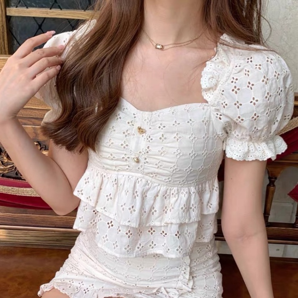 Ivory Cream Japanese Kawaii Cottage Ruffle Tier Lace Princess Blouse Crop Top